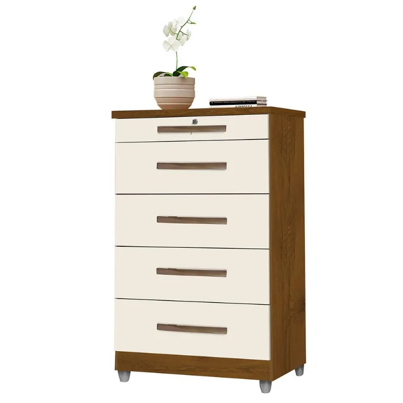Cômoda para Quarto 68cm 5 Gavetas com Chave Emas Mel/Pérola - Móveis Primus