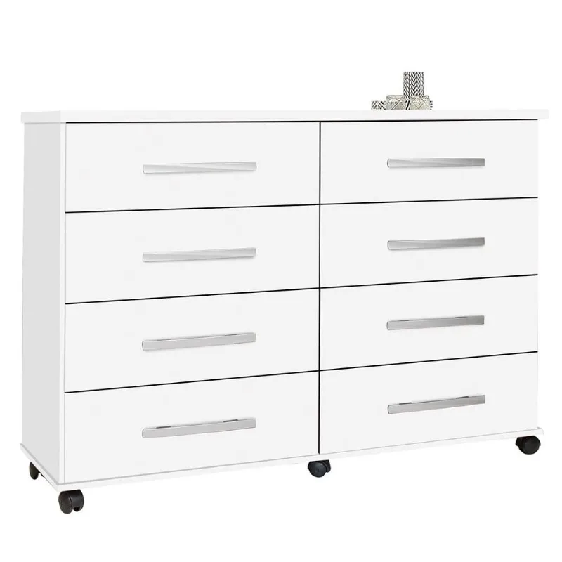 Cômoda para Quarto 136cm 8 Gavetas com Rodízios Jade Branco Luxo - Móveis Primus