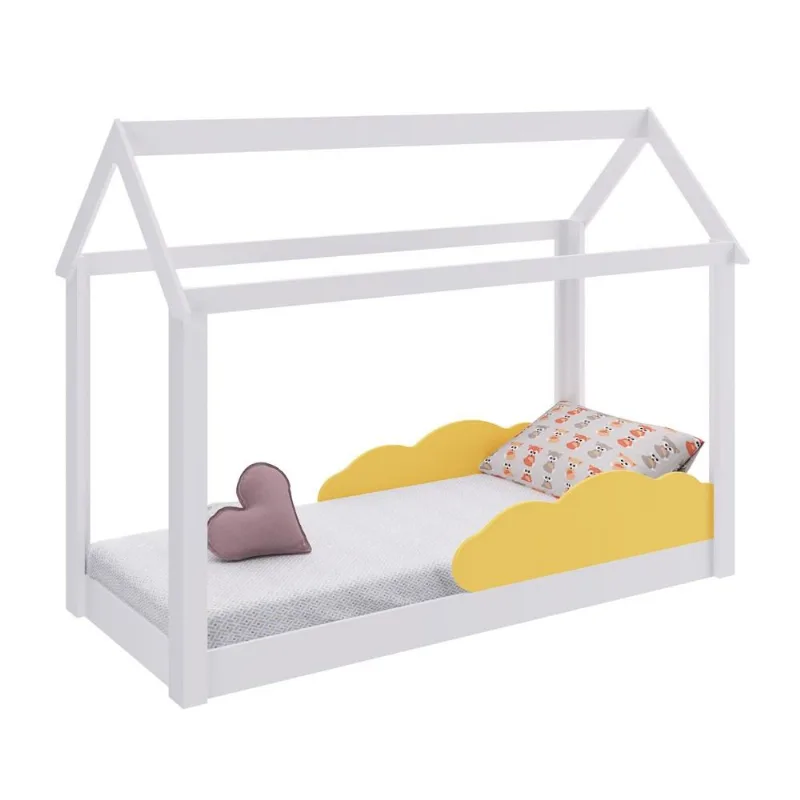 Cama Infantil Montessoriana Com Nuvem BY401 Branco/Amarelo - Completa Móveis