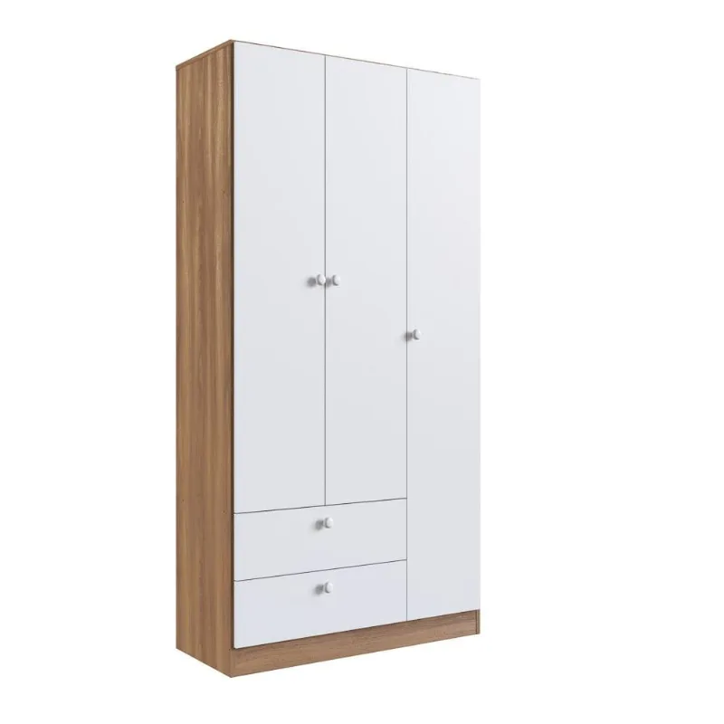 Guarda Roupa Infantil 3 Portas 2 Gavetas Aconchego LA009 Nogal/Branco - Completa Móveis