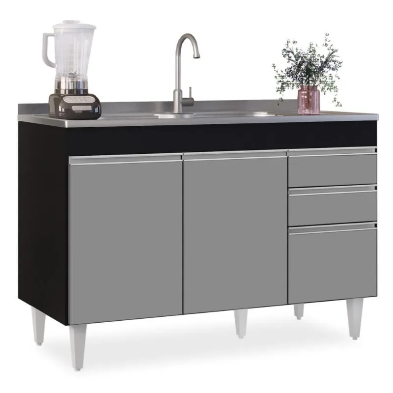 Balcão Gabinete 120cm 3 Portas 2 Gavetas Preto/Cinza