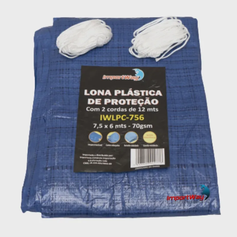 Lona Plástica Impermeável 7,5x6 Metros Reforçada Multiuso Ilhós e 2 Cordas Azul Importway Iwlpc-756