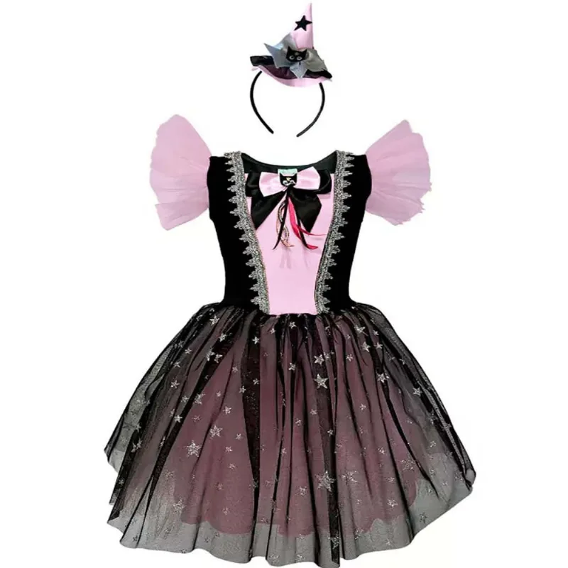 Fantasia Bruxa Halloween Infantil Menina Vestido Rosa Com Gatinho Preto e Chapéu Preto e Rosa