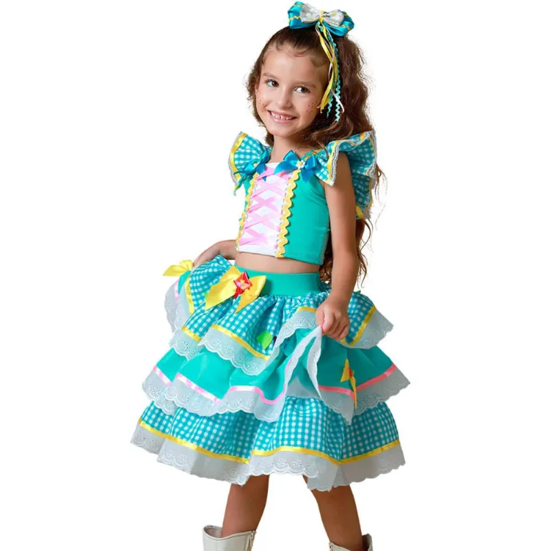 Saia de Festa Junina Infantil pra Menina Super Rodada de Luxo com Cropped 6 / Azul