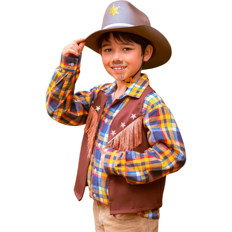 Fantasia Cowboy Infantil pra Menino Luxo Kit com Colete Country e Chapéu 4 / Marrom