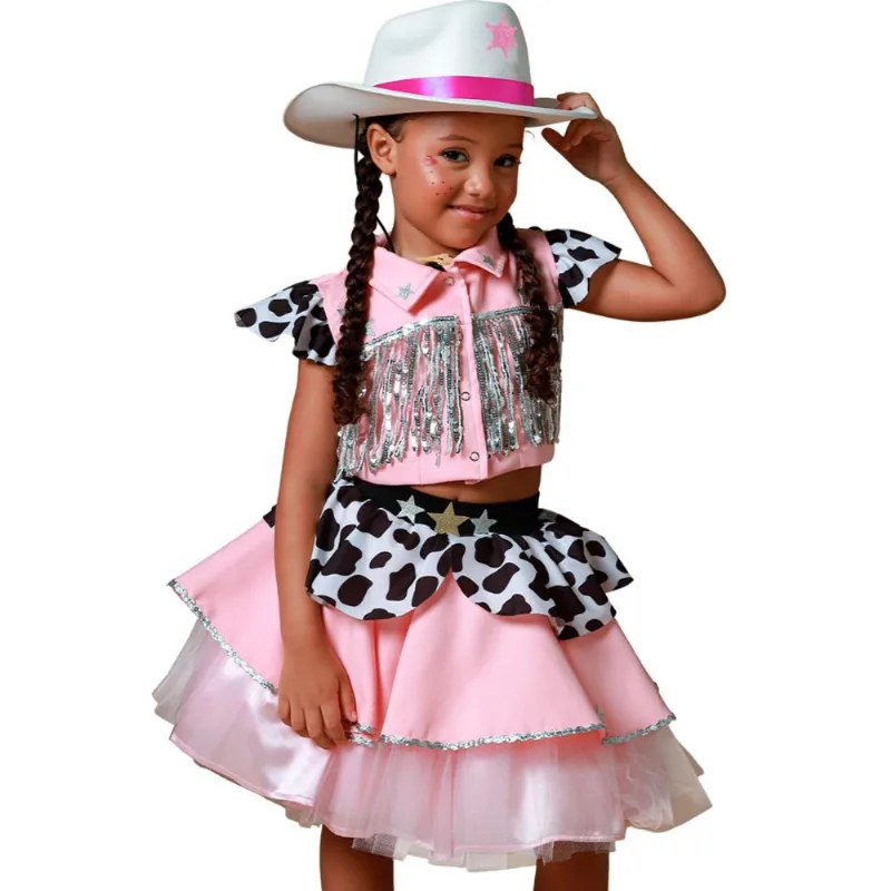 Fantasia Cowgirl Infantil pra Menina Roupa Country Rosa com Chapéu de Luxo 4 / Rosa