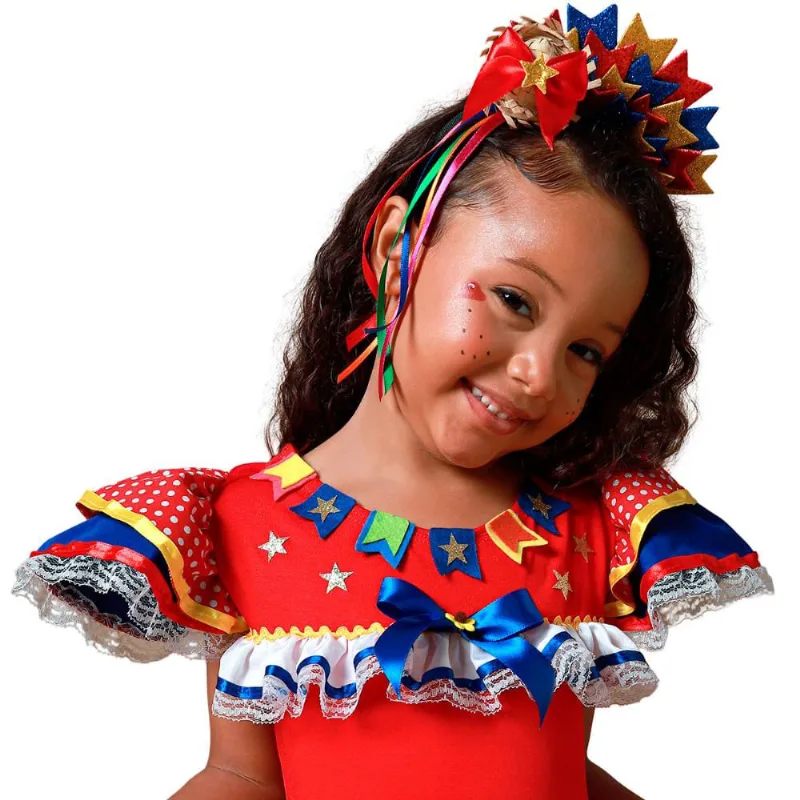 Tiara Festa Junina Infantil de Luxo Bandeirinhas e Chapéu Vermelho