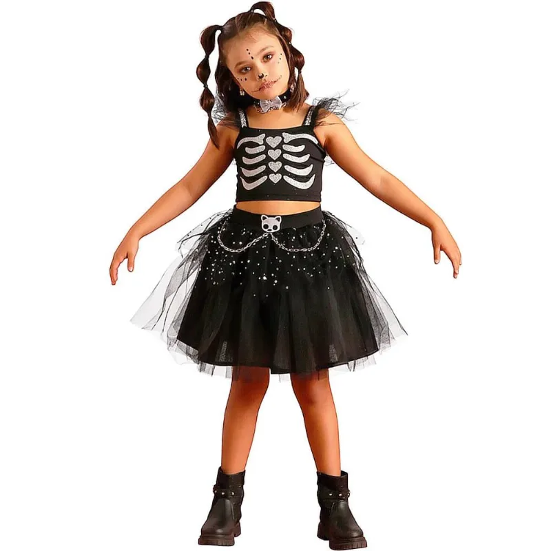 Fantasia Caveira Infantil Adolescente Halloween Menina Luxo 6 a 16 anos 6 / Preto