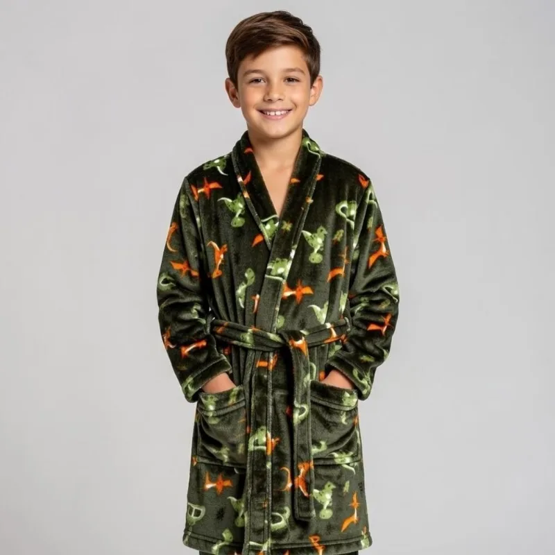Roupão Infantil m Microfibra Lumini Havan Kids - Dinossauro Verde
