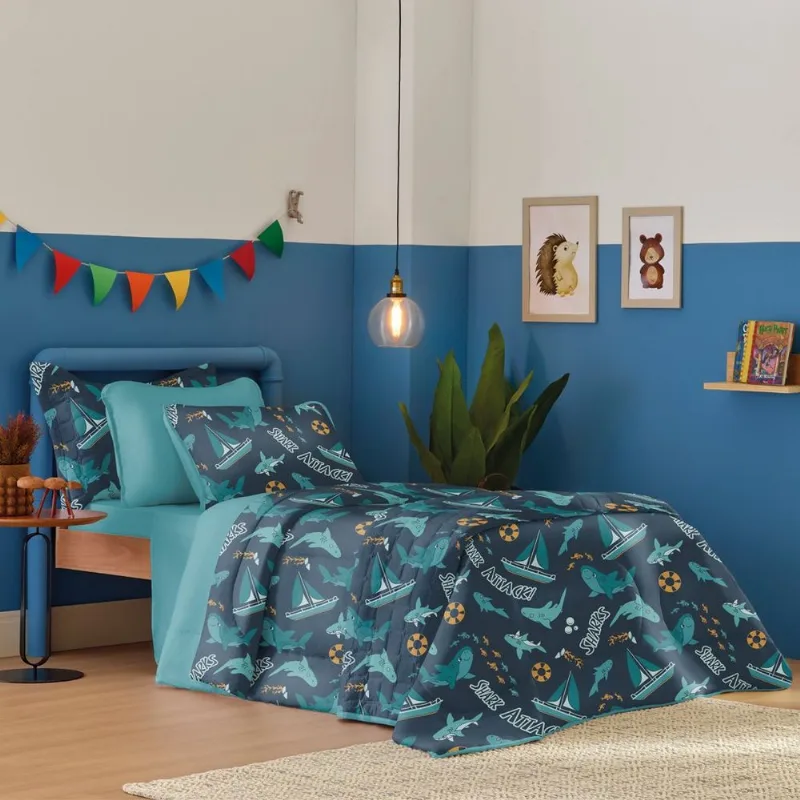 Jogo De Cama Casal Atlantix 4 Pçs 138x188x30 100% Algodão Shark