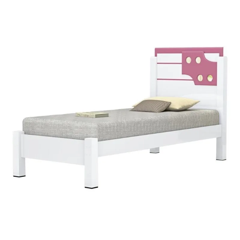 Cama Luíza Solteiro Branco Rosa Com Colchão