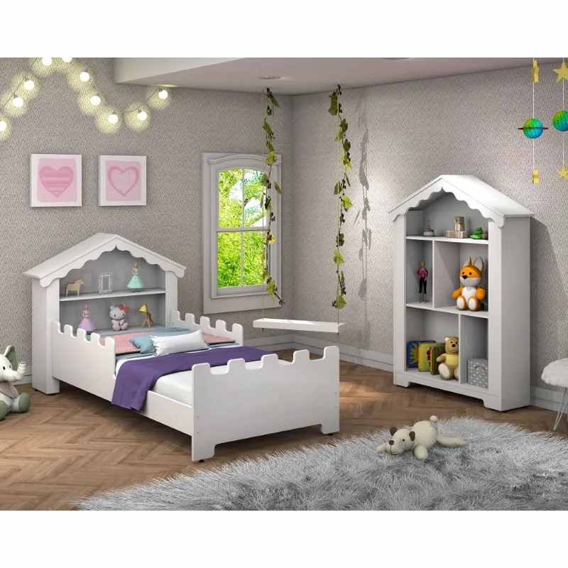 Conjunto Cama Infantil Magic Branca com Estante e Colchão