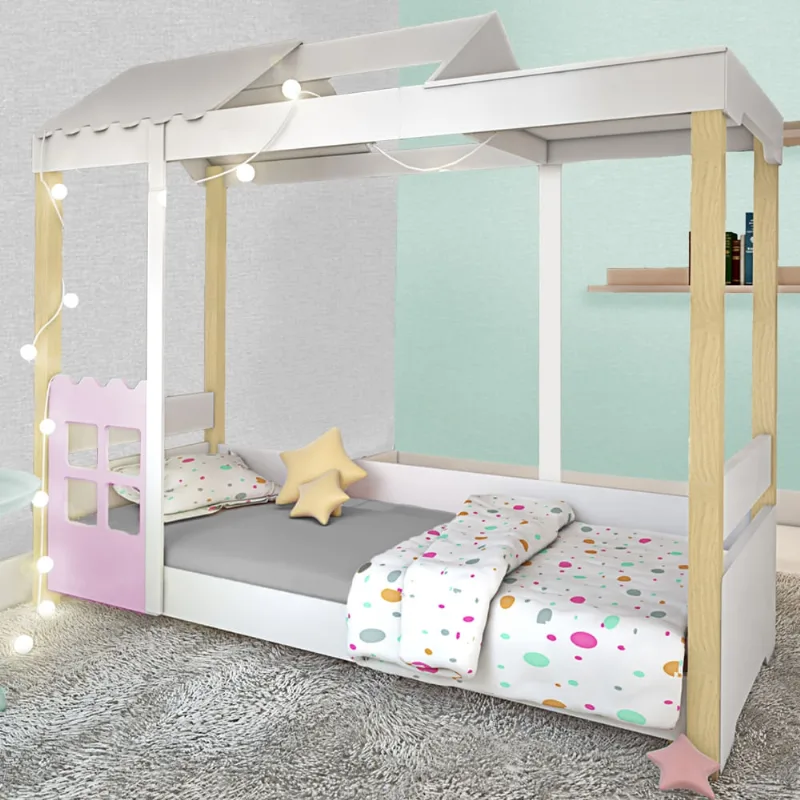 Cama Cassidy Solteiro Branco/Rose com Colchão e LED