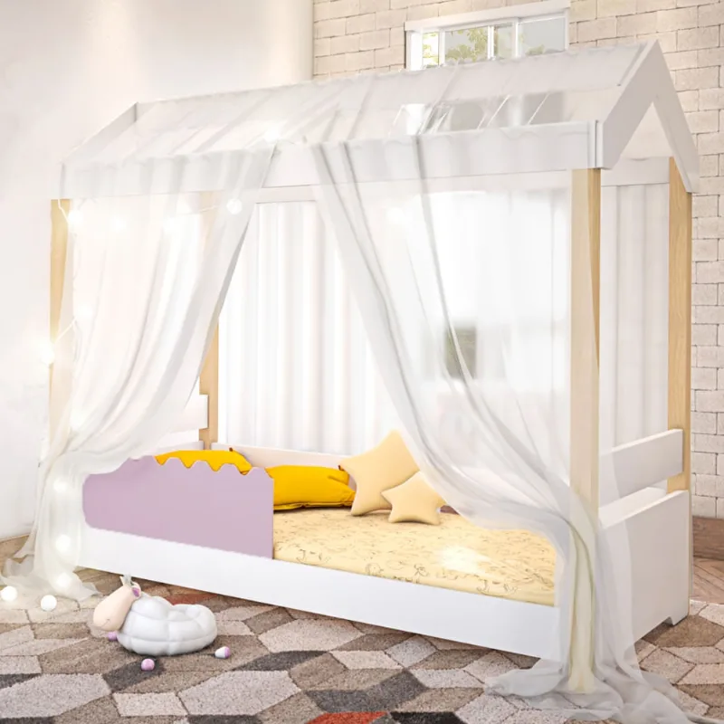 Cama Jéssica Infantil Branco/Rosê com Voal Branco e LED