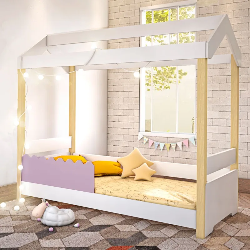 Cama Jéssica Infantil Branco/Rosê Voal Branco com Colchão e LED