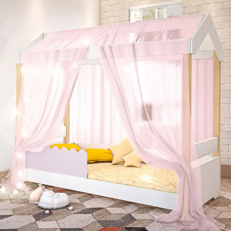 Cama Jéssica Infantil Branco/Rosê Voal Rosa com LED