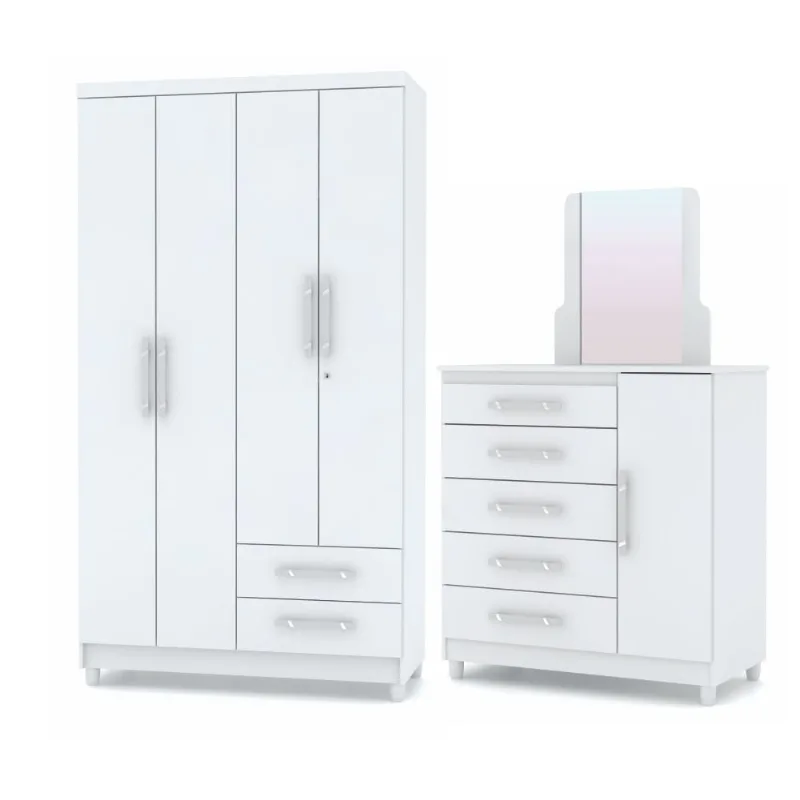 Conjunto Quarto Infantil Guarda Roupa e Cômoda Wallace Branco Canela Rosa