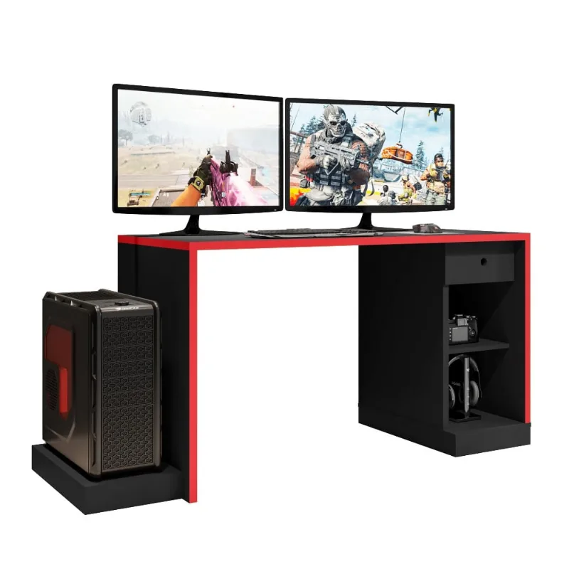 Mesa Gamer com Plataforma Versátil Drax Preto Vermelho