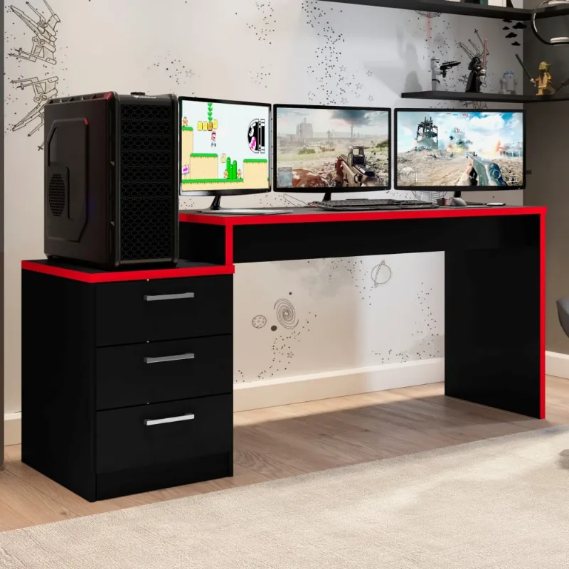 Mesa Gamer com Gaveteiro Versátil Patrick Preto Vermelho