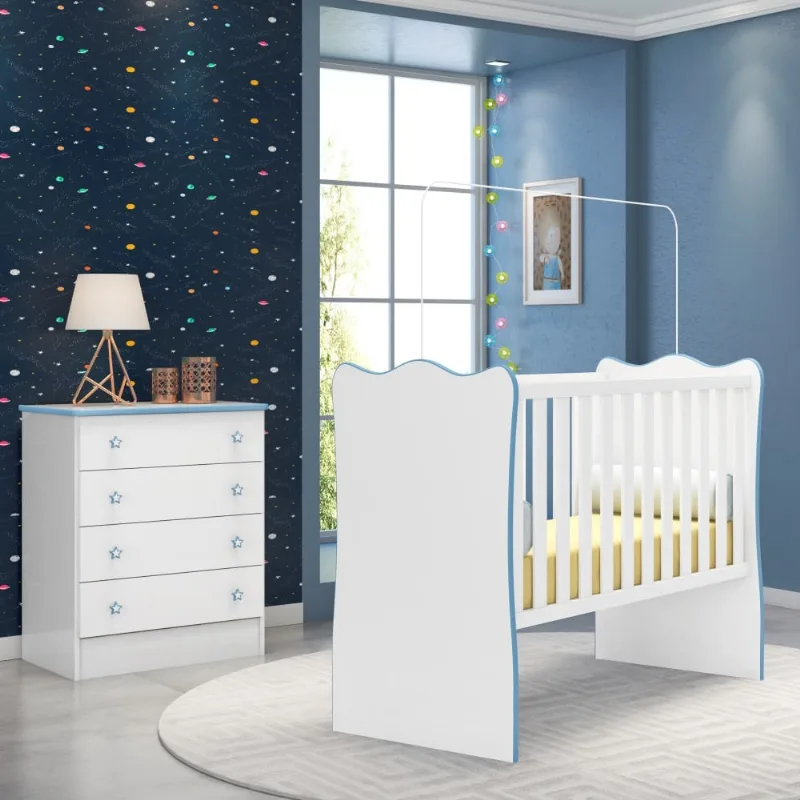 Conjunto Quarto Infantil Cômoda e Berço Lian Menino Branco Azul