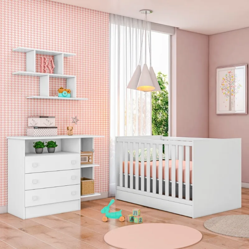 Conjunto Quarto Infantil Berço e Cômoda Hug Branco