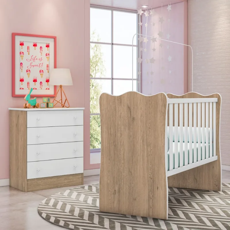 Conjunto Quarto Infantil Cômoda e Berço Lian Carvalho Rústico Branco