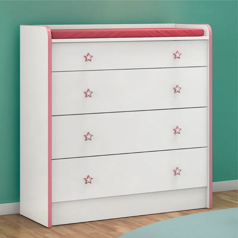 Cômoda Infantil com Trocador Nelle Branco Rosa
