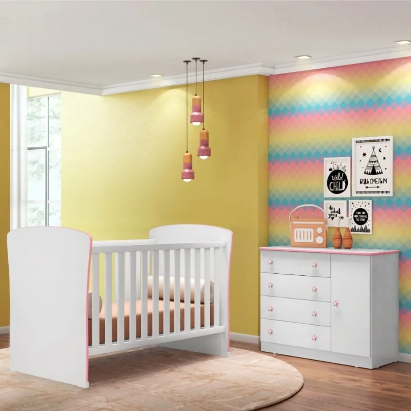 Conjunto Quarto Infantil Cômoda e Berço Ben Branco Rosa