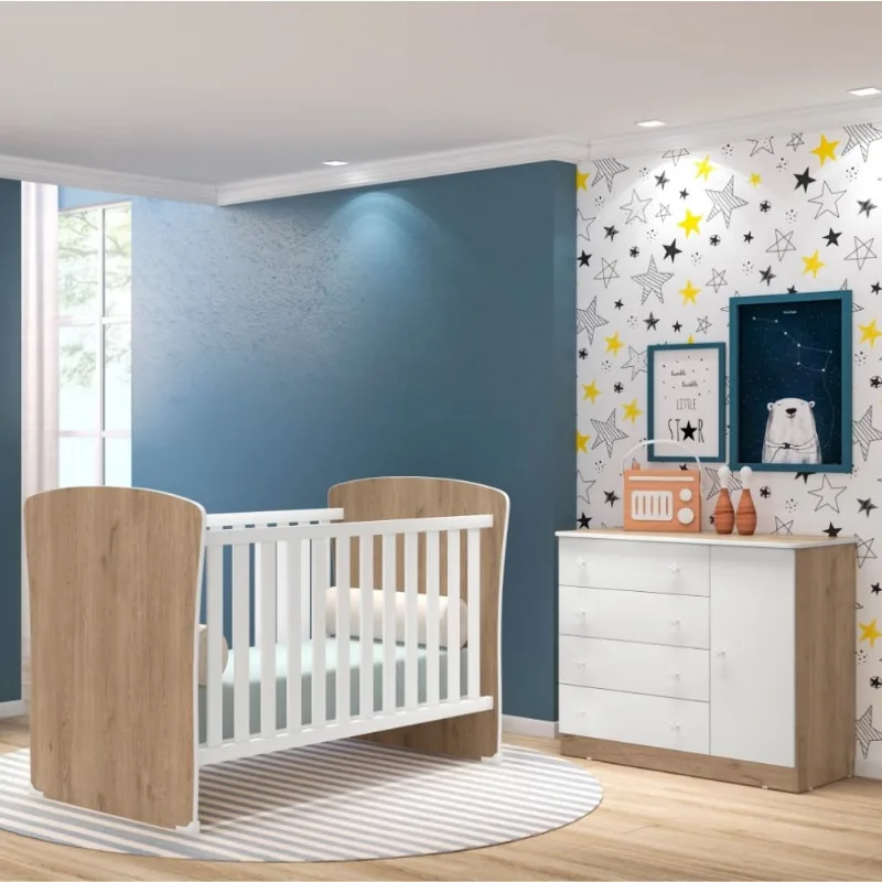 Conjunto Quarto Infantil Cômoda e Berço Ben Carvalho Rústico Branco