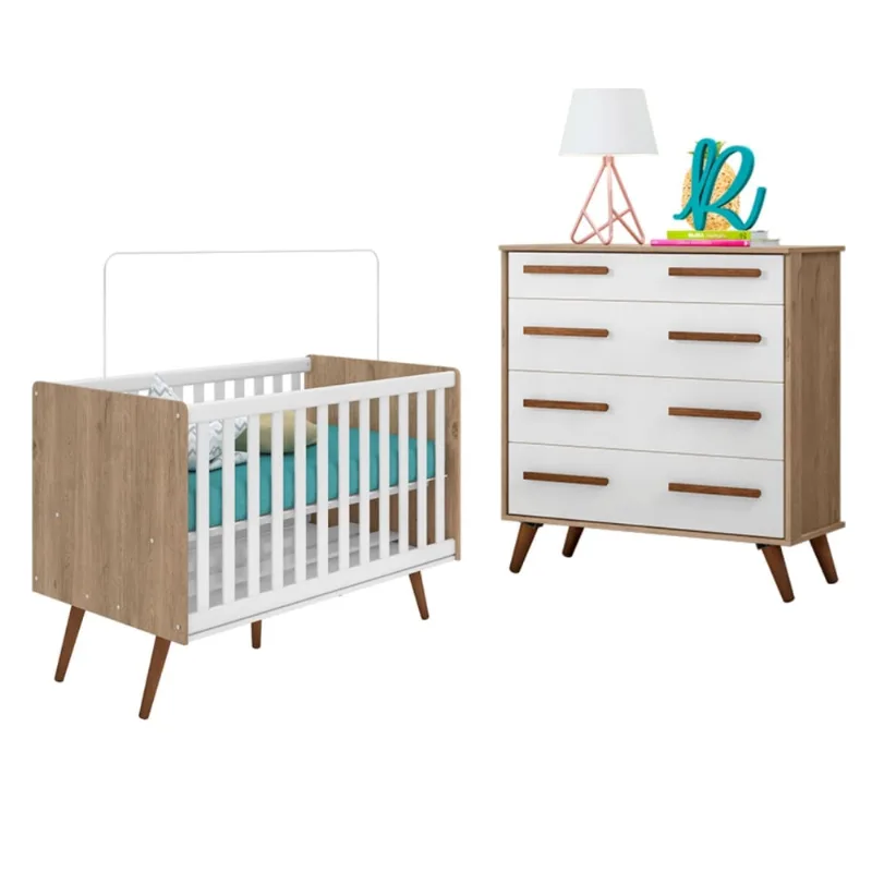 Conjunto Quarto Infantil Cômoda e Berço Maple Carvalho Rústico Branco