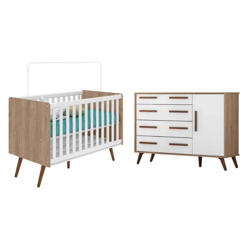 Conjunto Quarto Infantil Lara Berço e Cômoda Carvalho Rústico Branco