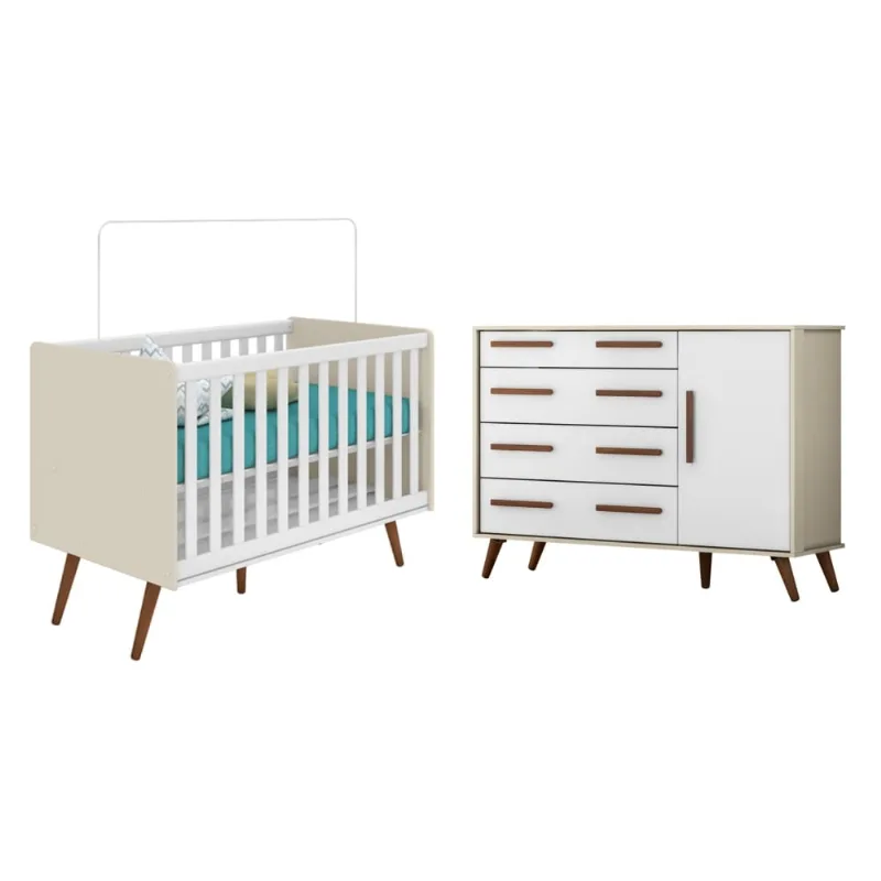 Conjunto Quarto Infantil Lara Berço e Cômoda Off White Fosco Branco