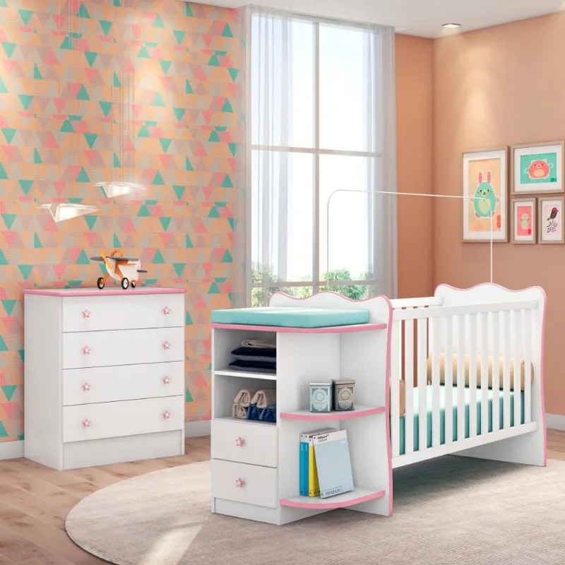 Conjunto Quarto Infantil Cômoda e Berço Summer Menina Branco Rosa