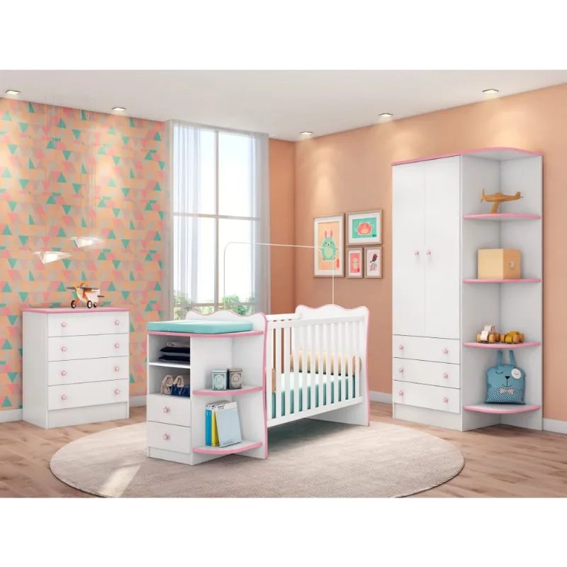 Conjunto Quarto Infantil Summer Menina Branco Rosa