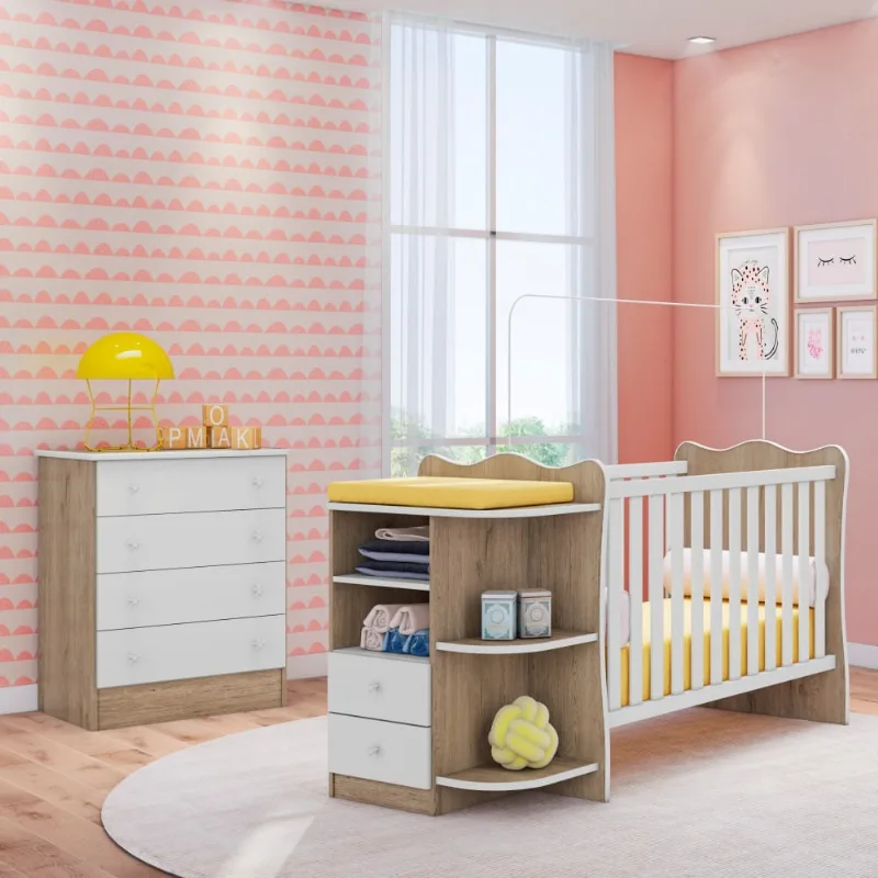 Conjunto Quarto Infantil Cômoda e Berço Summer Carvalho Rústico Branco