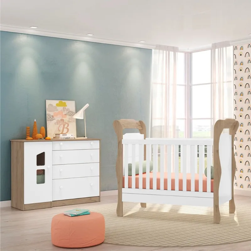 Conjunto Quarto Infantil Cômoda e Berço Tunisia Carvalho Rústico Branco