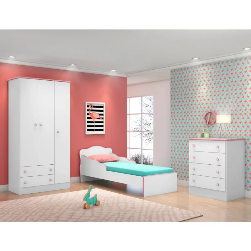 Conjunto Quarto Infantil Villae Branco Rosa com Colchão