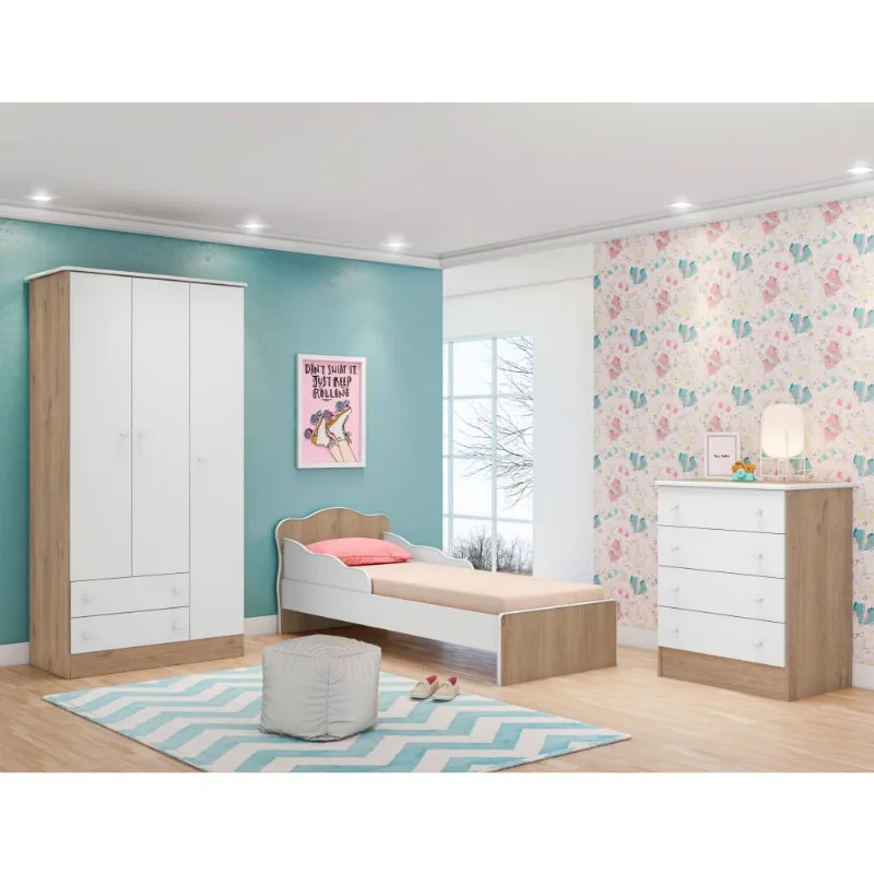 Conjunto Quarto Infantil Villae Carvalho Rústico Branco com Colchão