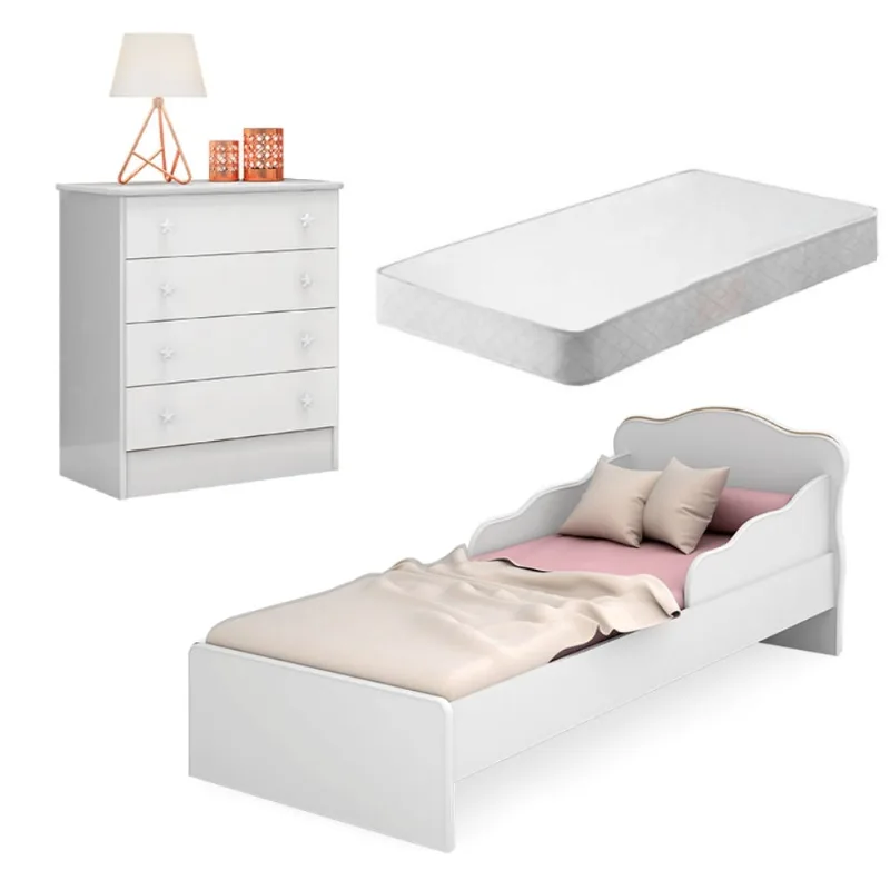 Conjunto Quarto Infantil Cômoda e Cama Villae Branco com Colchão