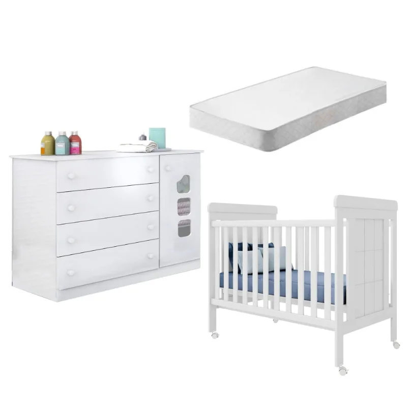 Berço e Cômoda Infantil Yuri Branco com Colchão