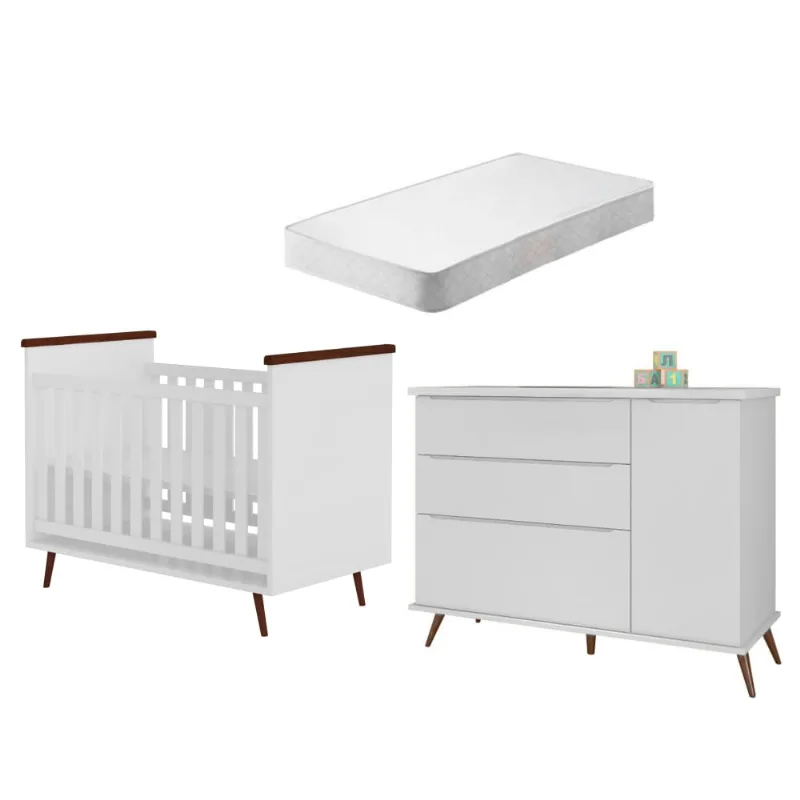 Berço e Cômoda Infantil Ellen Branco com Colchão
