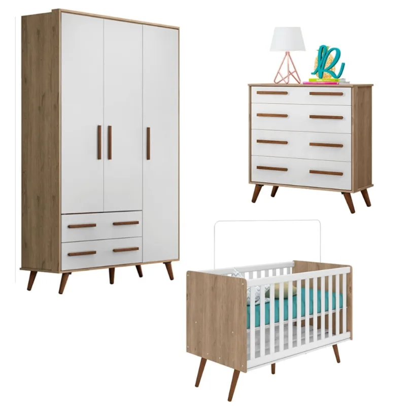 Conjunto Quarto Infantil Maple Carvalho Rústico Branco com Colchão