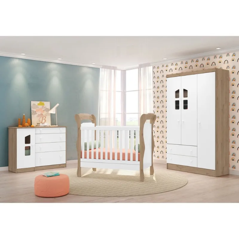 Conjunto Quarto Infantil Tunisia Carvalho Rústico Branco com Colchão