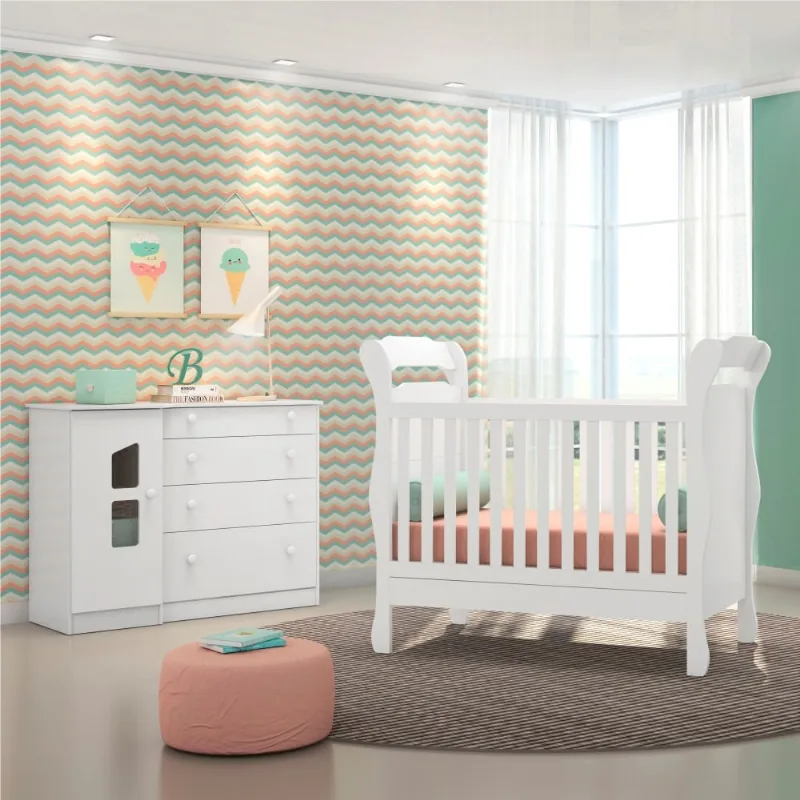 Conjunto para Quarto Qmovi Tunisia Branco Conjunto Quarto Infantil Cômoda e Berço Tunisia Branco com Colchão