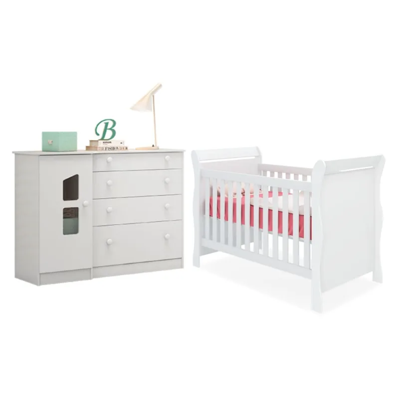 Conjunto para Quarto Qmovi Romeu Branco Conjunto Quarto Infantil Cômoda e Berço Romeu Branco com Colchão