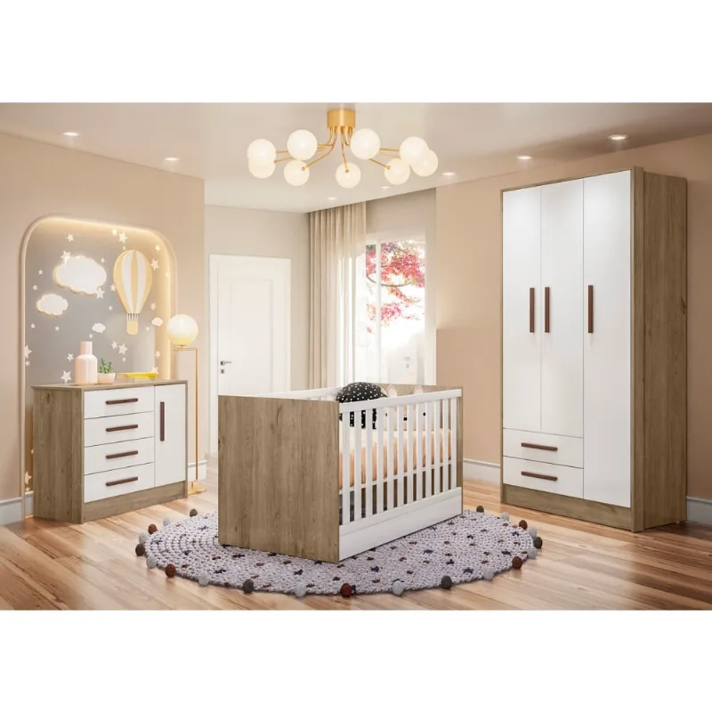 Conjunto para Quarto Qmovi Leonard Carvalho,Branco Conjunto Quarto Infantil Leonard Carvalho Rústico Branco com Colchão