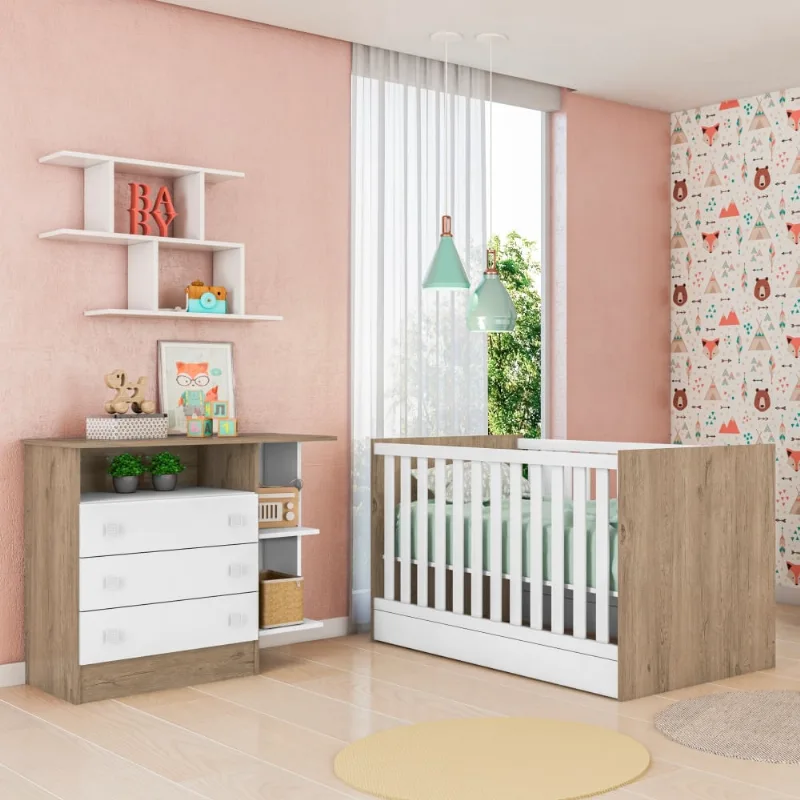 Conjunto Quarto Infantil Berço e Cômoda Hug Carvalho Rústico Branco com Colchão