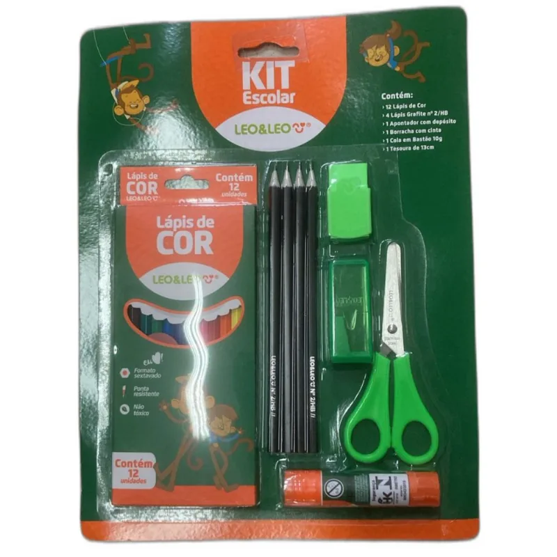 Kit Material Escolar Infantil Com 20 Peças Pintura Lápis de Cor Apontador e Borracha Verde