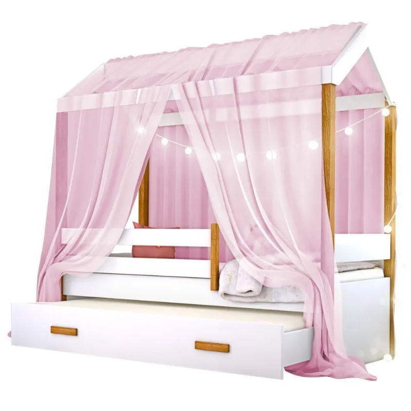 Cama Montessori Com Auxiliar Cordão Led E Dossel Rosa