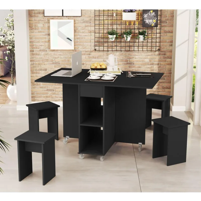 Mesa Retrátil Com Banquetas Preto - OUTRAS - Móveis
